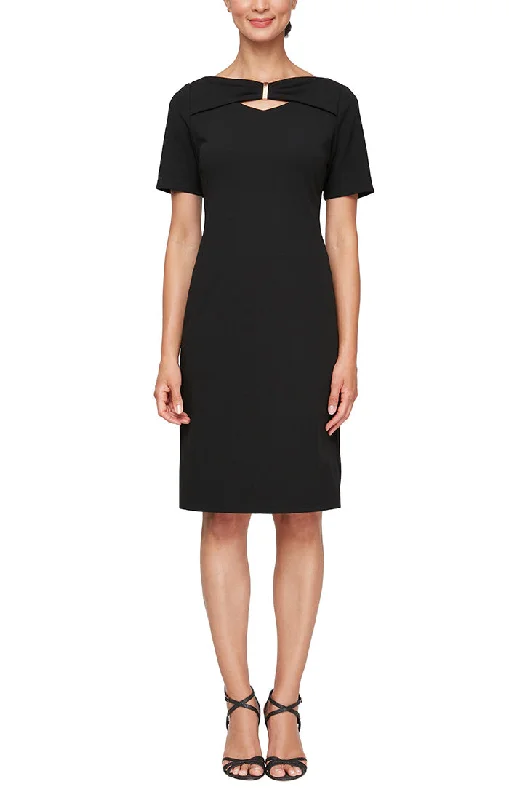 Mega Sale Short Stretch Crepe Sheath Dress with Ruched Cutout Neckline Detail
