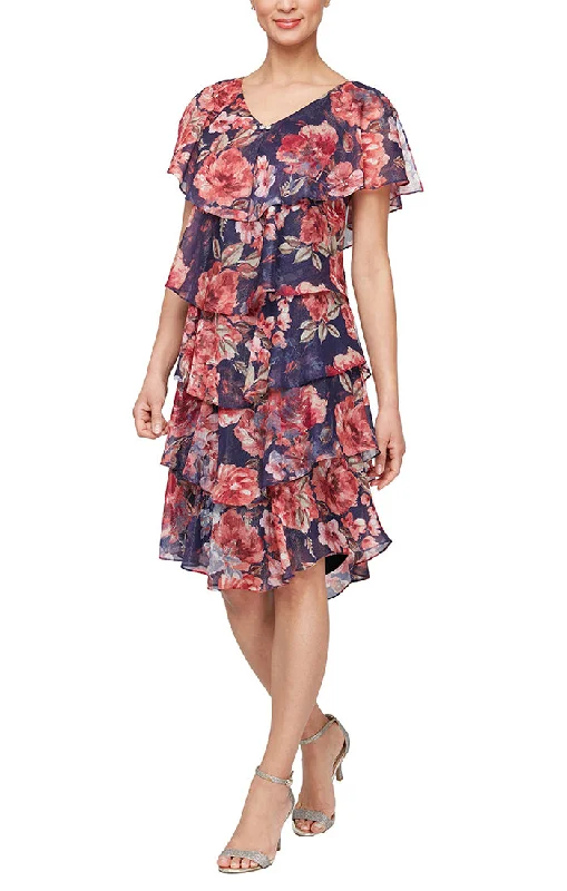 Limited Stock Short V-Neck Printed Tier Dress with Embellishment at Neckline