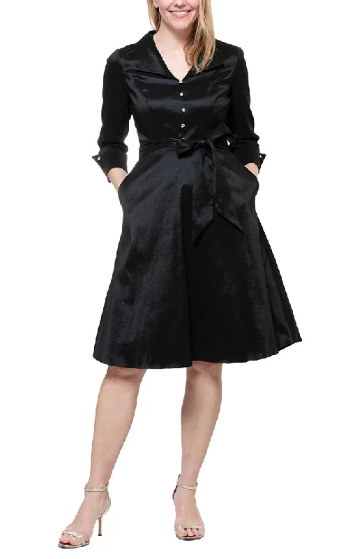 Flash Offer Tea Length A-Line Taffeta Dress with Button Detail and Tie Belt