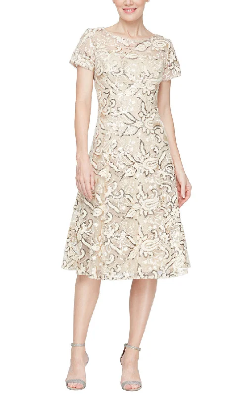 Weekend Price Slash Day Tea Length Embroidered A-Line Dress With Illusion Neckline, Cap Sleeves and Sequin Detail Weekend Price Slash Day Tea Length Embroidered A-Line Dress With Illusion Neckline, Cap Sleeves and Sequin Detail