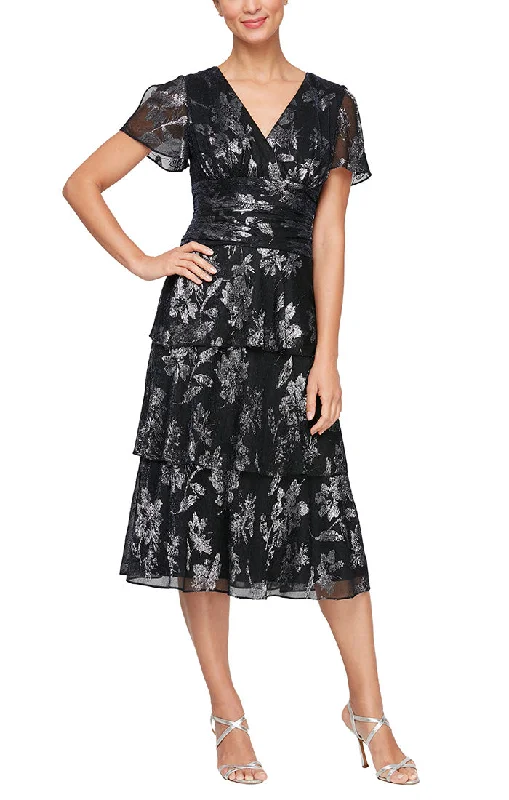 Weekend Must-Have Offers Tea Length Printed Shimmer Surplice Neckline Dress with Ruched Waist, Flutter Sleeves and Tiered Skirt