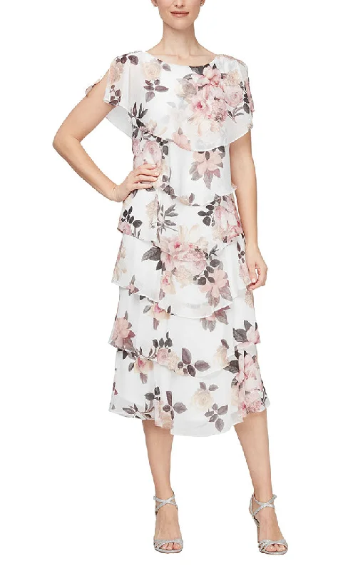 Offer of the Day Tea Length Printed Tiered Dress With Capelet Sleeves and Embellishment at Shoulders