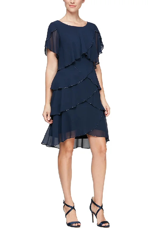 Weekend Only Sale Tiered Chiffon Cocktail Dress with Bugle Beaded Trim and Flutter Sleeves