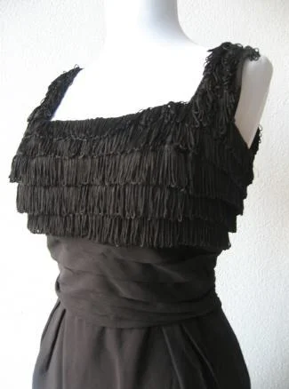 Weekend Flash Sale Women's 50s 60s Dress Black Vintage Fringe Bodice Empire Wiggle Small VFG