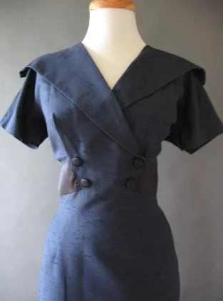 Weekend Super Sale 50s Women's Cocktail Dress Wiggle Vintage Sailor Collar Satin Trim M/L  Wrap Front Max Lawrence VFG