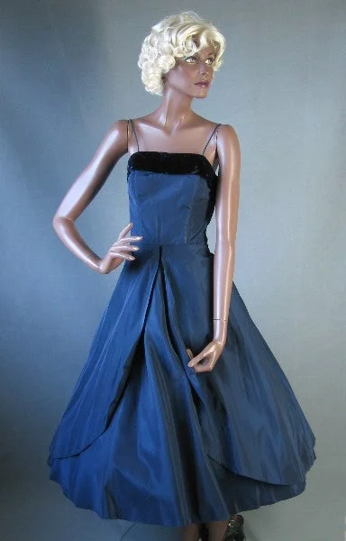 Savings Galore Vintage 50s Women's Dress Taffeta Full Skirt Dance Velvet Trim Medium VFG