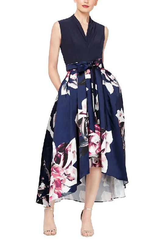 Time-Sensitive Offer Party Dress with Floral Printed Mikado Silk Skirt & Jersey Bodice